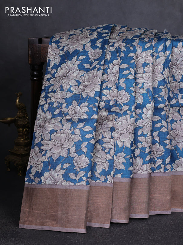 Pure tussar silk saree peacock blue and grey with allover floral prints and zari woven border