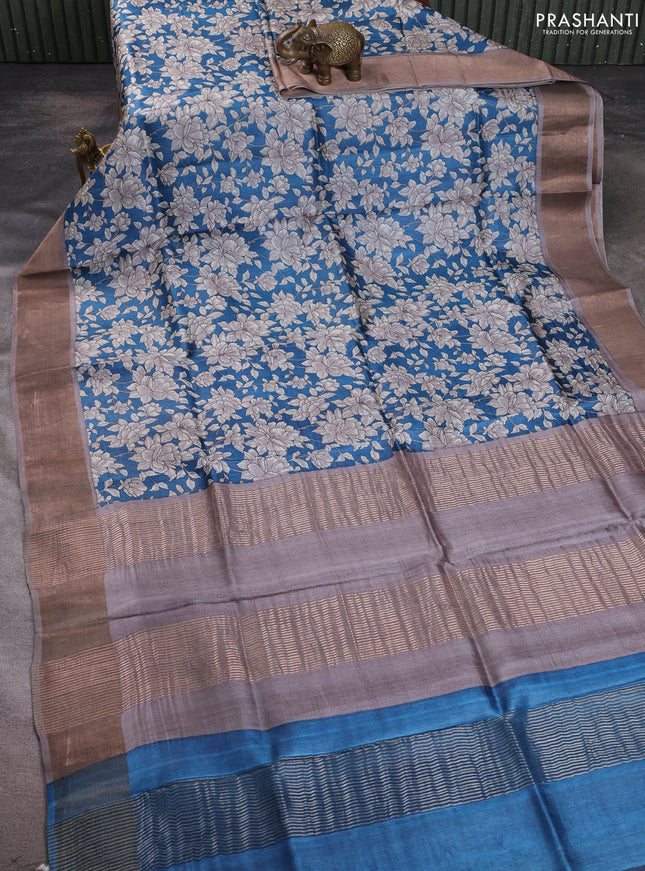 Pure tussar silk saree peacock blue and grey with allover floral prints and zari woven border