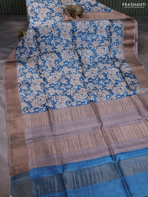 Pure tussar silk saree peacock blue and grey with allover floral prints and zari woven border