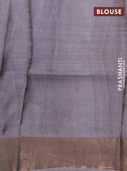 Pure tussar silk saree peacock blue and grey with allover floral prints and zari woven border