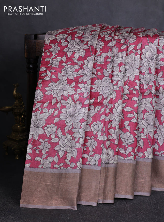 Pure tussar silk saree maroon and grey with allover floral prints and zari woven border