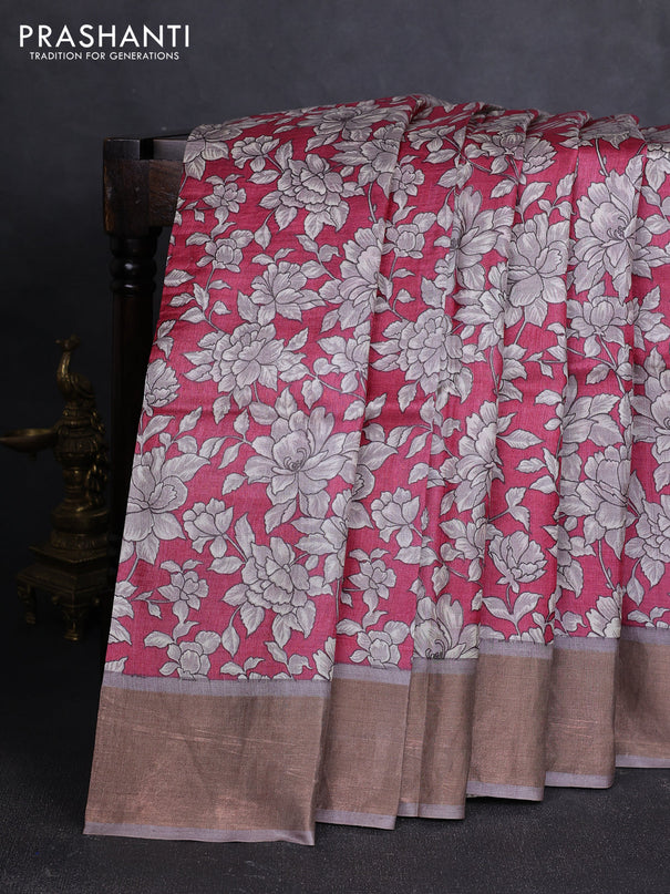 Pure tussar silk saree maroon and grey with allover floral prints and zari woven border