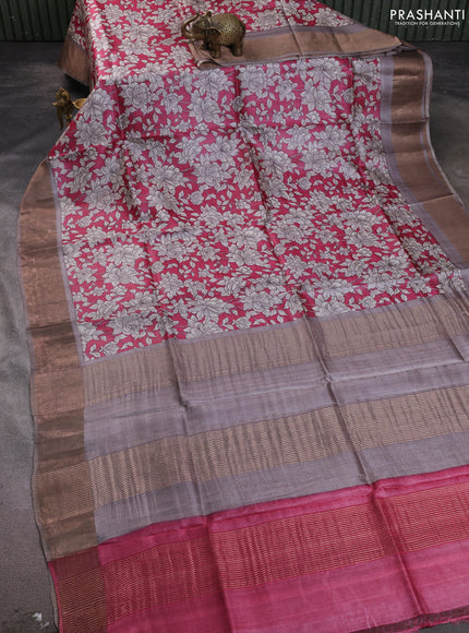 Pure tussar silk saree maroon and grey with allover floral prints and zari woven border