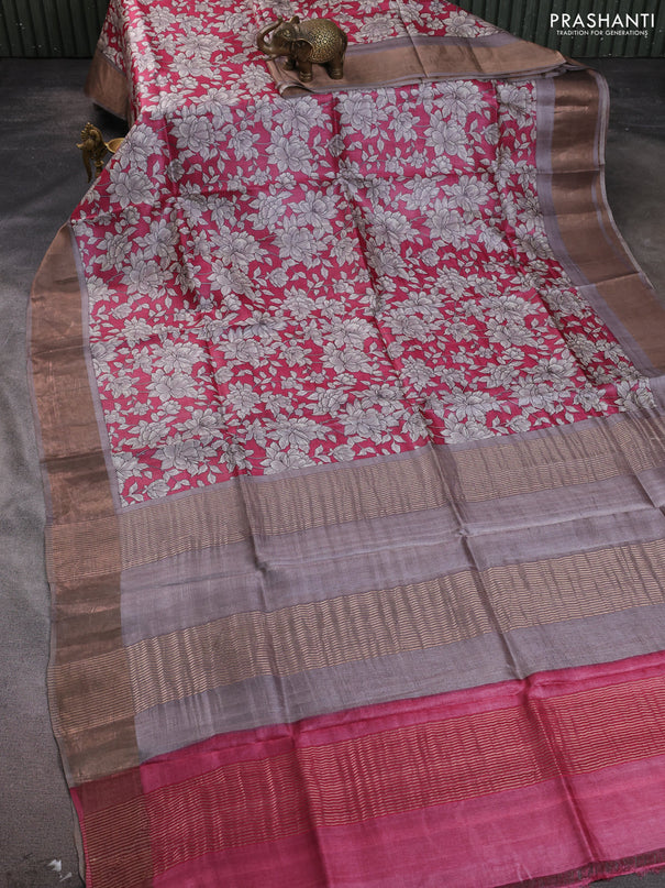 Pure tussar silk saree maroon and grey with allover floral prints and zari woven border