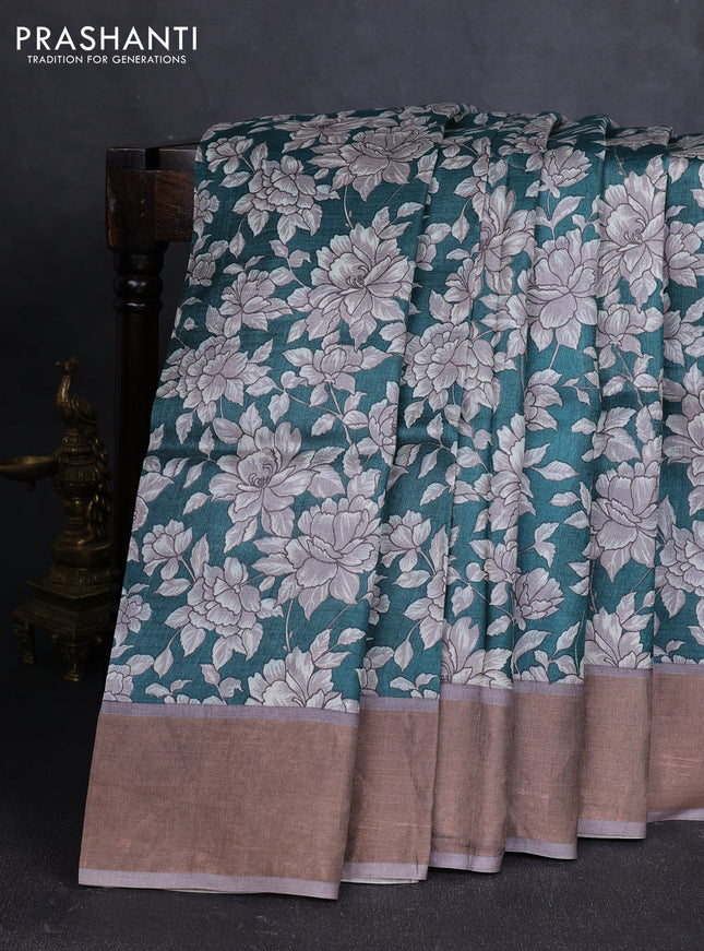 Pure tussar silk saree teal green and grey with allover floral prints and zari woven border