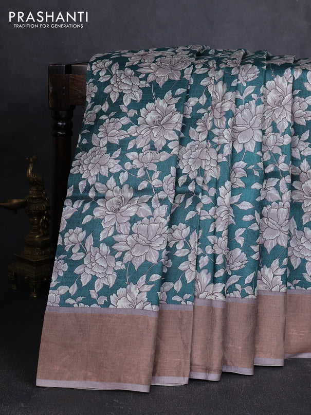 Pure tussar silk saree teal green and grey with allover floral prints and zari woven border