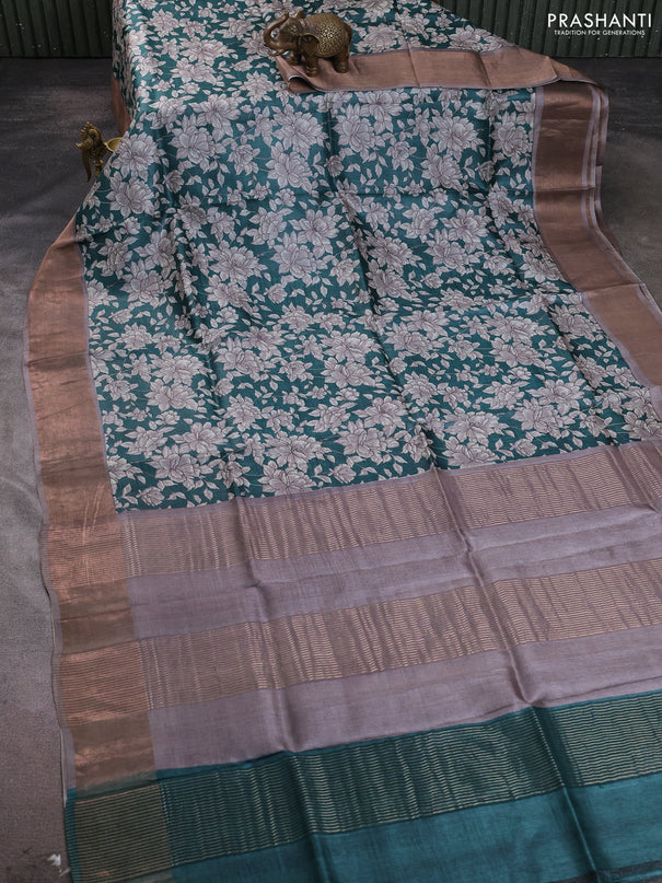 Pure tussar silk saree teal green and grey with allover floral prints and zari woven border