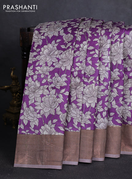 Pure tussar silk saree purple and grey with allover floral prints and zari woven border