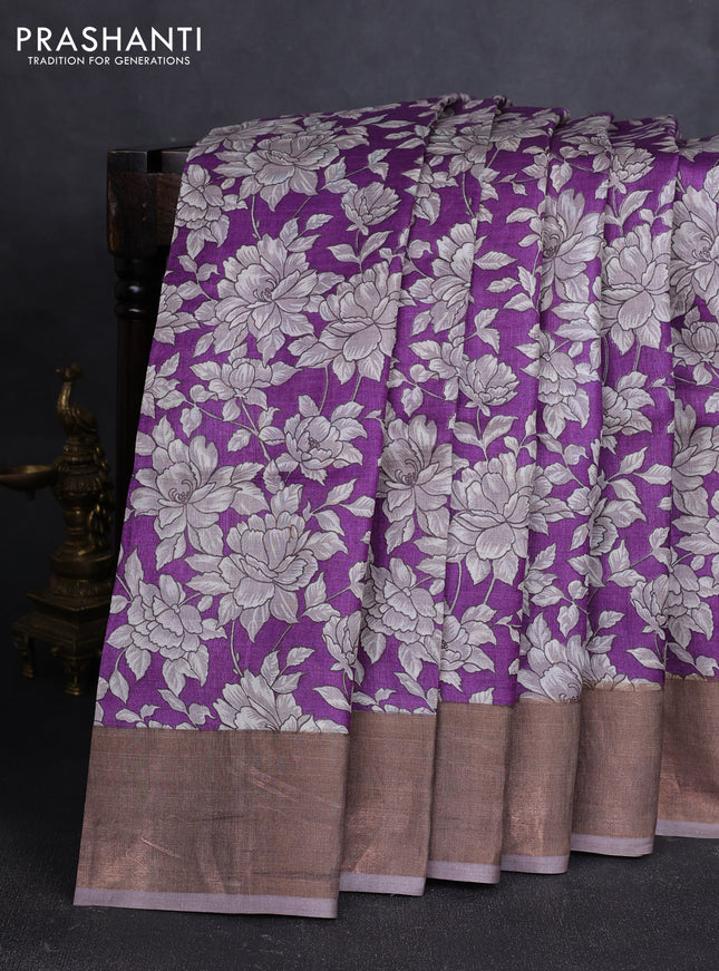 Pure tussar silk saree purple and grey with allover floral prints and zari woven border
