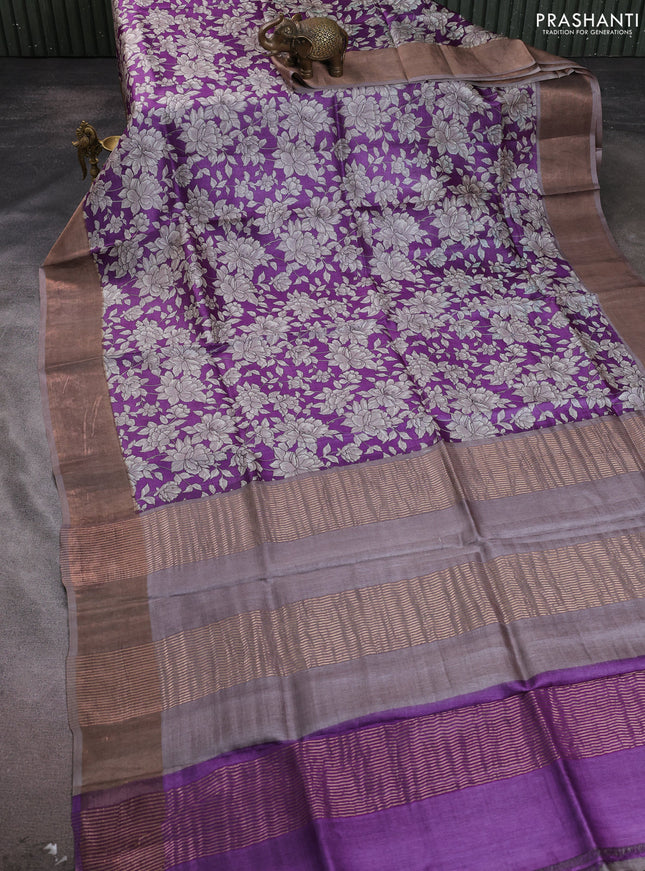 Pure tussar silk saree purple and grey with allover floral prints and zari woven border