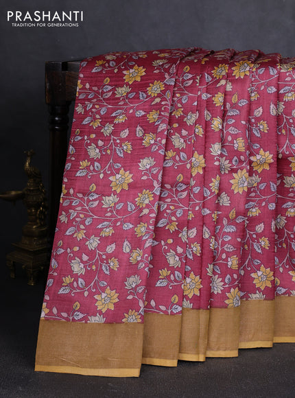 Pure tussar silk saree wine shade and yellow with allover floral prints and zari woven border