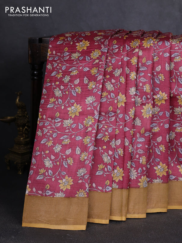 Pure tussar silk saree wine shade and yellow with allover floral prints and zari woven border