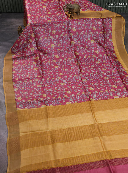 Pure tussar silk saree wine shade and yellow with allover floral prints and zari woven border