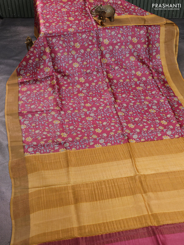 Pure tussar silk saree wine shade and yellow with allover floral prints and zari woven border