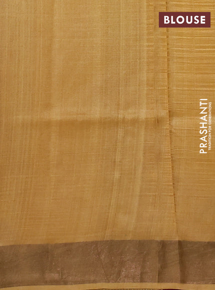 Pure tussar silk saree wine shade and yellow with allover floral prints and zari woven border