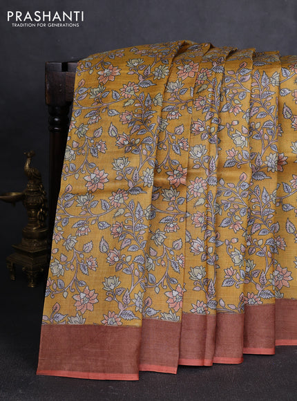 Pure tussar silk saree mustard yellow and orange with allover floral prints and zari woven border