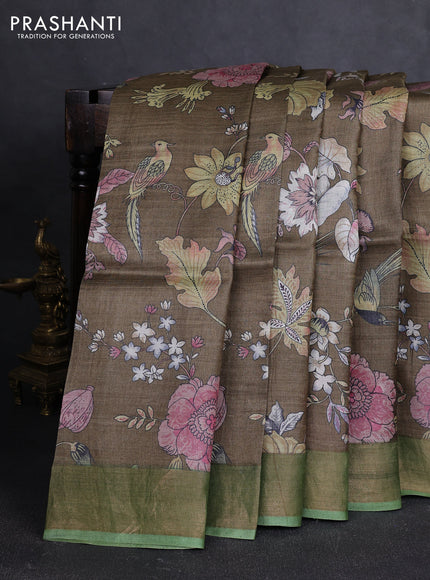 Pure tussar silk saree mehendi green and pastel green with allover prints and zari woven border