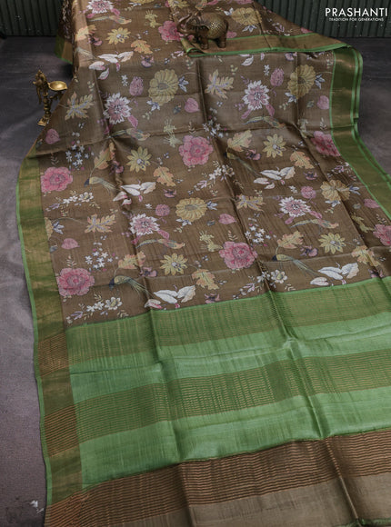 Pure tussar silk saree mehendi green and pastel green with allover prints and zari woven border
