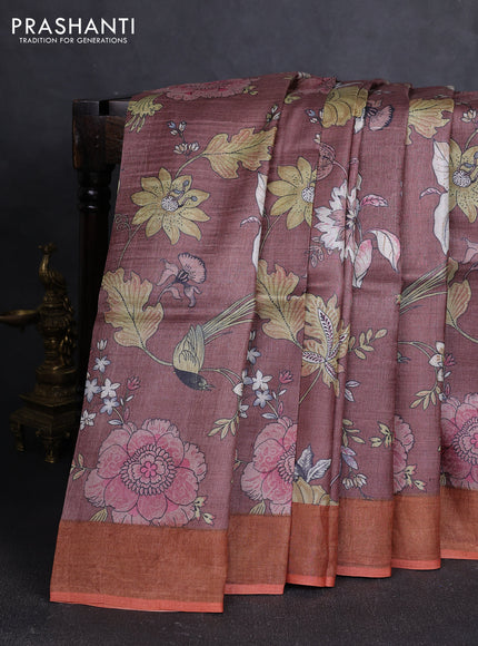 Pure tussar silk saree pastel maroon and orange with allover floral prints and zari woven border