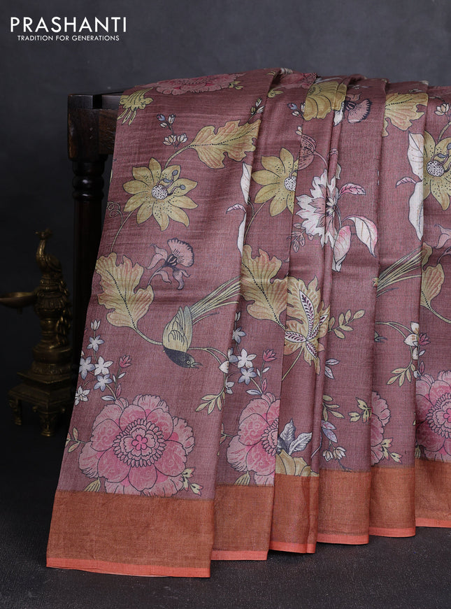 Pure tussar silk saree pastel maroon and orange with allover floral prints and zari woven border