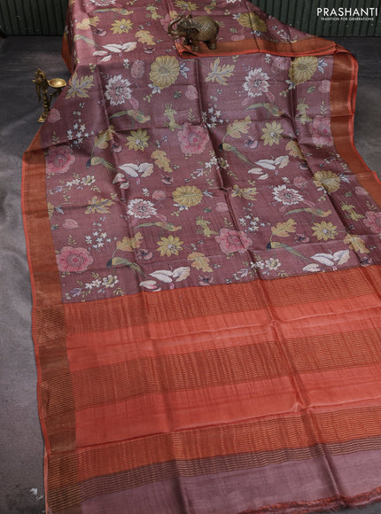 Pure tussar silk saree pastel maroon and orange with allover floral prints and zari woven border