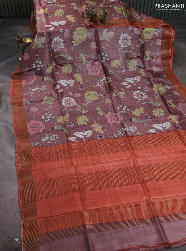 Pure tussar silk saree pastel maroon and orange with allover floral prints and zari woven border