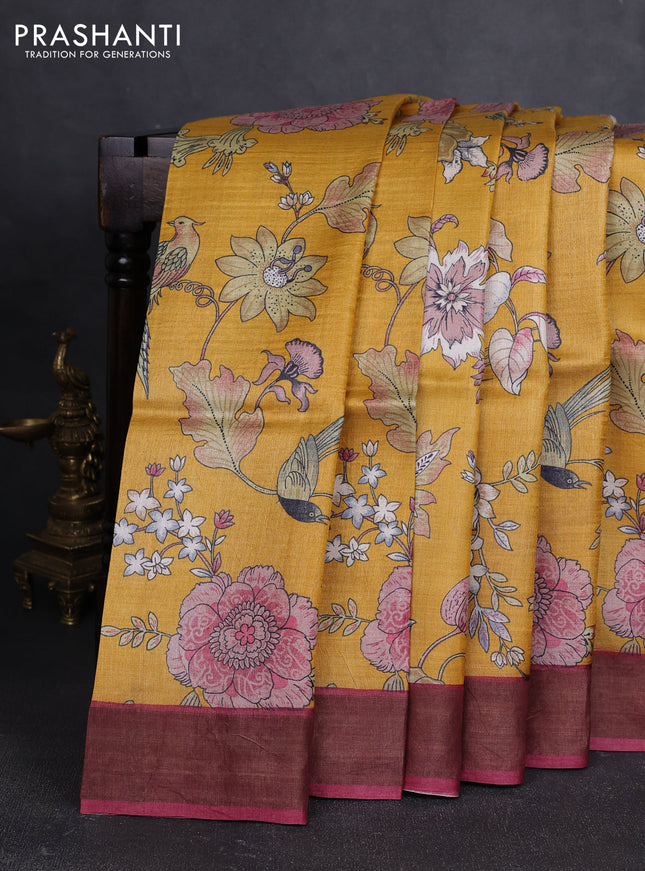 Pure tussar silk saree yellow and wine shade with allover floral prints and zari woven border