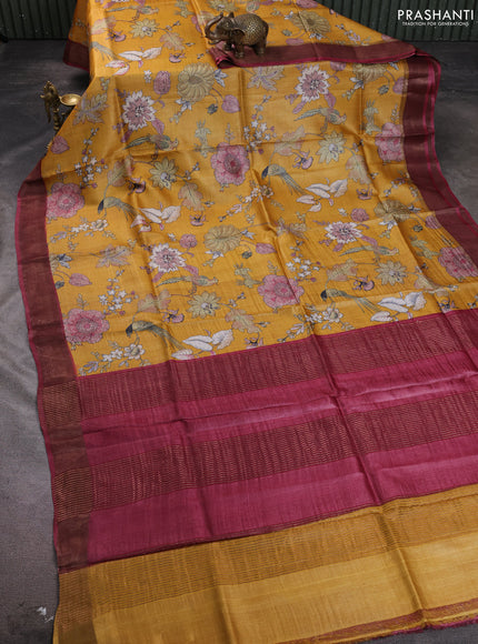 Pure tussar silk saree yellow and wine shade with allover floral prints and zari woven border