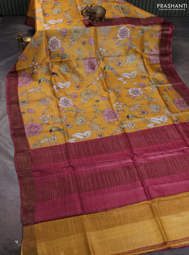 Pure tussar silk saree yellow and wine shade with allover floral prints and zari woven border