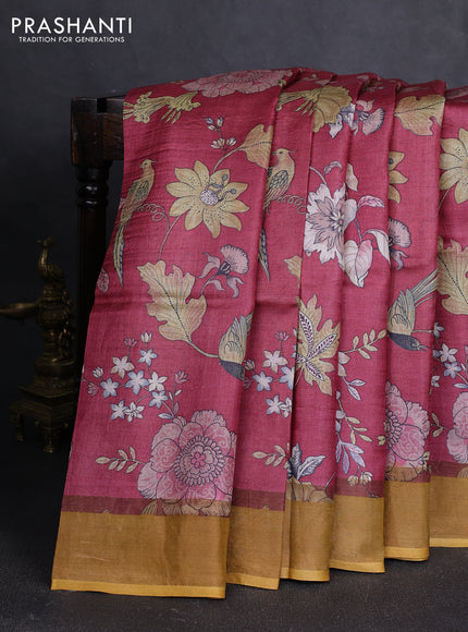Pure tussar silk saree maroon and yellow with allover floral prints and zari woven border