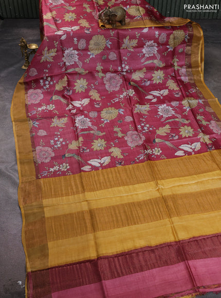 Pure tussar silk saree maroon and yellow with allover floral prints and zari woven border