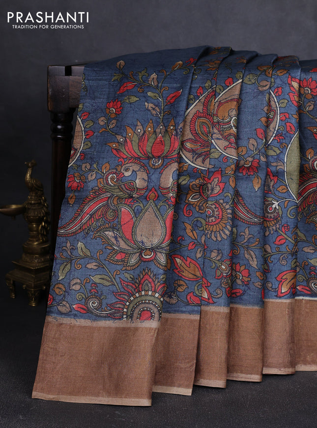 Pure tussar silk saree dark grey and beige with allover kalamkari prints and zari woven border