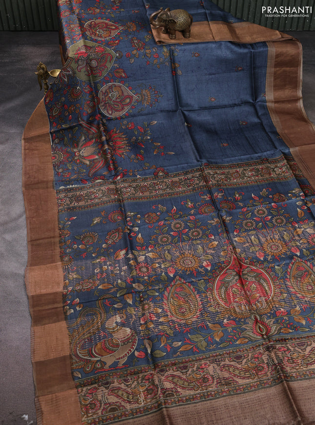 Pure tussar silk saree dark grey and beige with allover kalamkari prints and zari woven border
