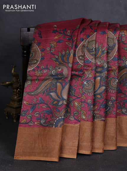 Pure tussar silk saree maroon and sandal with allover kalamkari prints and zari woven border