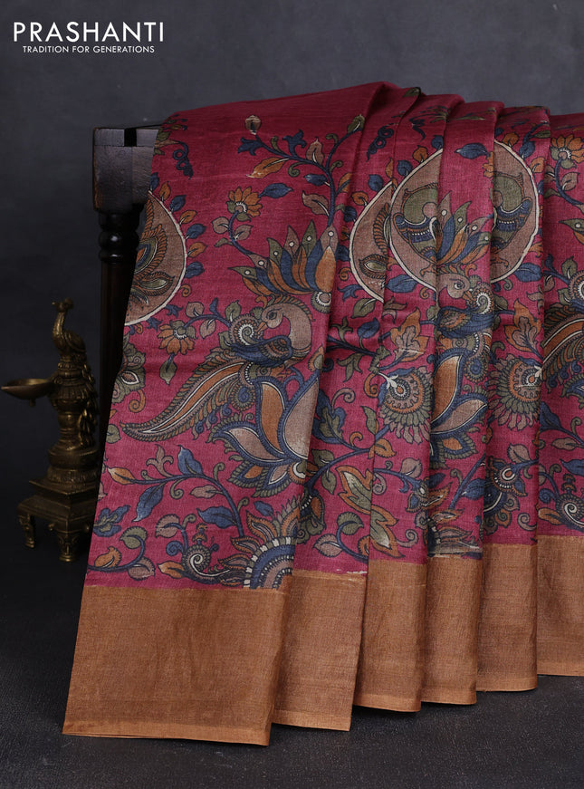 Pure tussar silk saree maroon and sandal with allover kalamkari prints and zari woven border