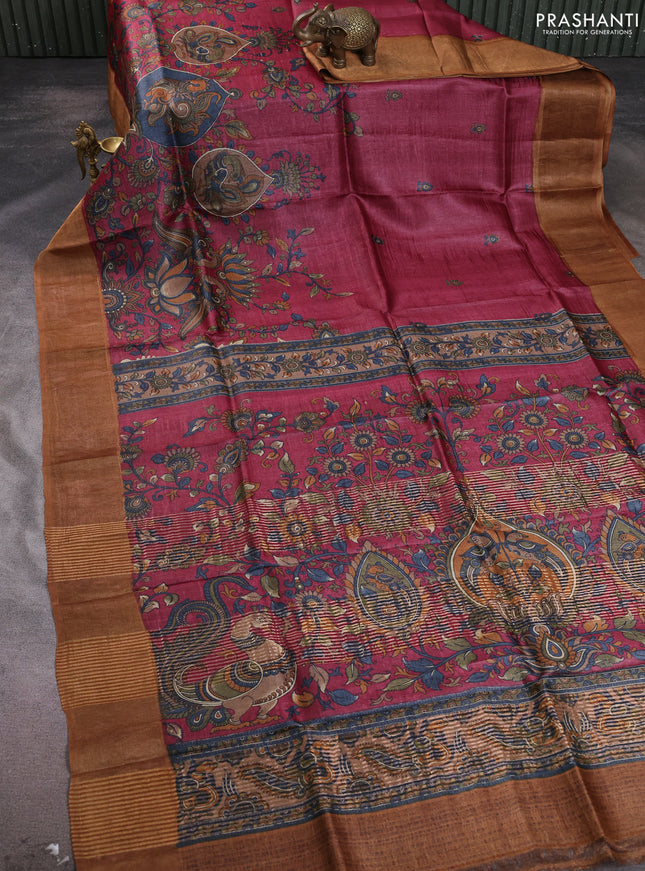 Pure tussar silk saree maroon and sandal with allover kalamkari prints and zari woven border