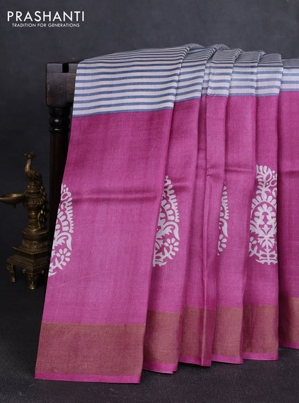 Pure tussar silk saree off white grey and magenta pink with allover stripe prints and zari woven border