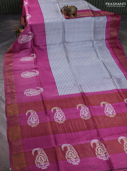 Pure tussar silk saree off white grey and magenta pink with allover stripe prints and zari woven border
