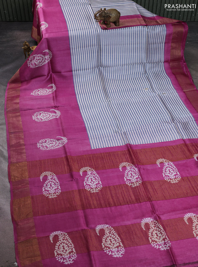 Pure tussar silk saree off white grey and magenta pink with allover stripe prints and zari woven border