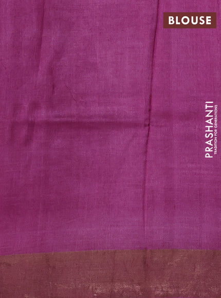 Pure tussar silk saree off white grey and magenta pink with allover stripe prints and zari woven border
