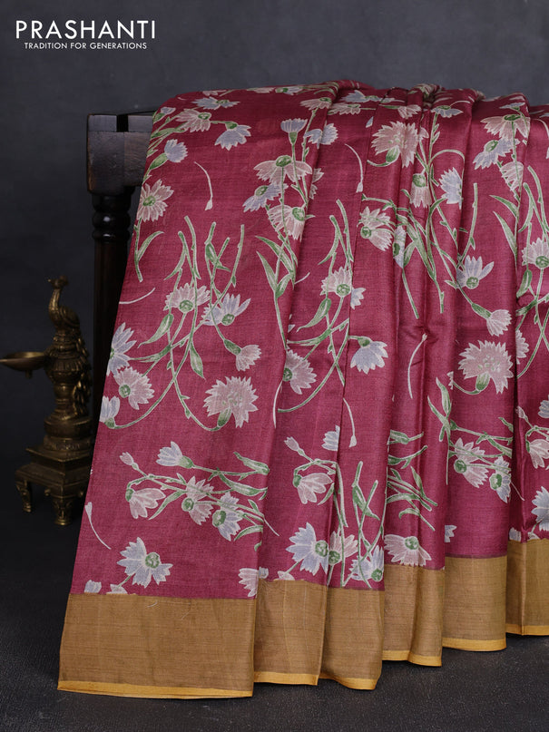 Pure tussar silk saree maroon and yellow with allover floral prints and zari woven border