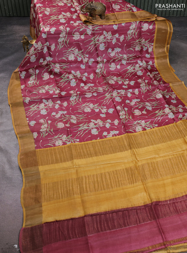 Pure tussar silk saree maroon and yellow with allover floral prints and zari woven border