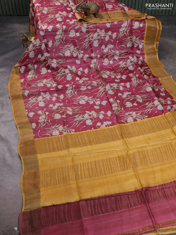 Pure tussar silk saree maroon and yellow with allover floral prints and zari woven border
