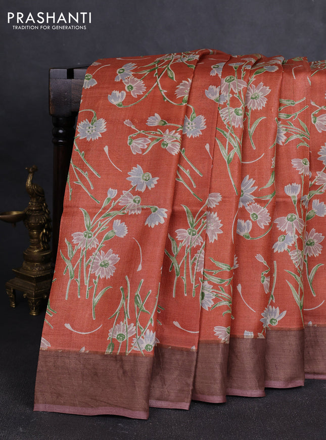 Pure tussar silk saree rust shade and brown with allover floral prints and zari woven border