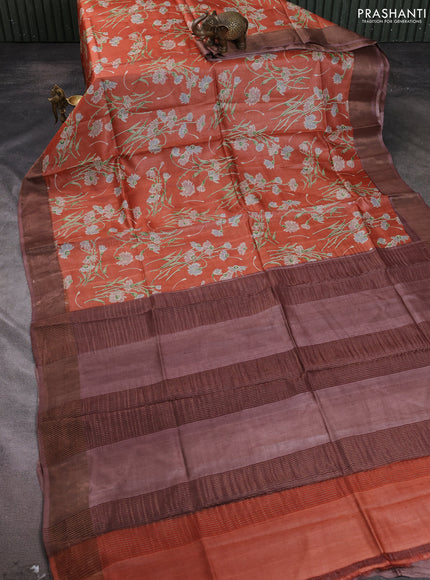 Pure tussar silk saree rust shade and brown with allover floral prints and zari woven border