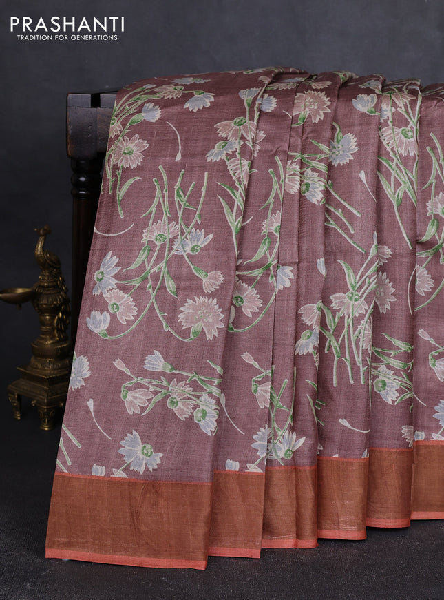 Pure tussar silk saree brown and rust shade with allover floral prints and zari woven border