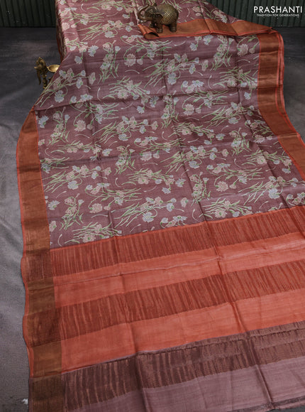 Pure tussar silk saree brown and rust shade with allover floral prints and zari woven border