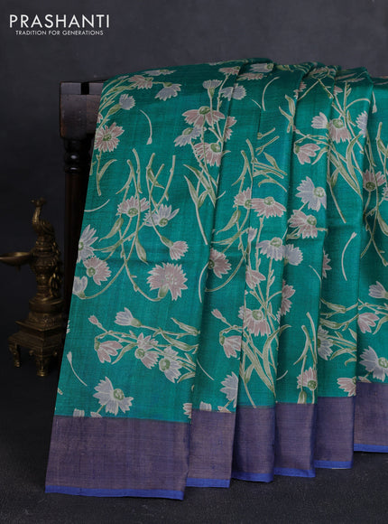 Pure tussar silk saree teal green and blue with allover floral prints and zari woven border