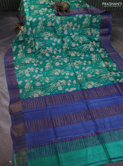 Pure tussar silk saree teal green and blue with allover floral prints and zari woven border