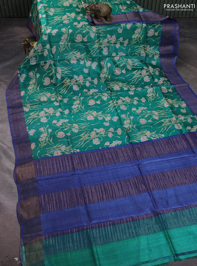 Pure tussar silk saree teal green and blue with allover floral prints and zari woven border